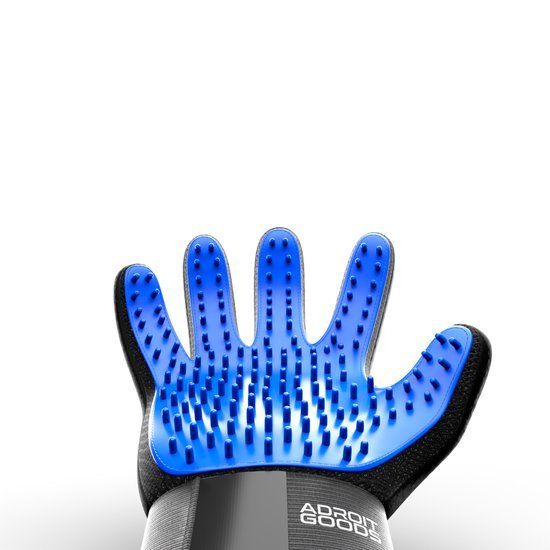 blauwe handschoen met zachte noppen voor verzorging en reiniging van huisdieren