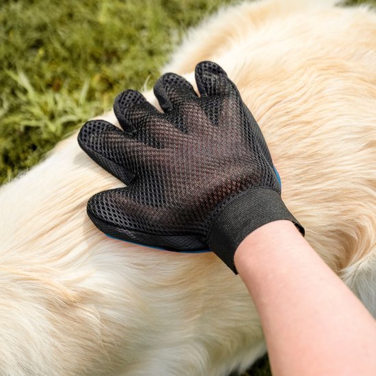 Zwarte masserende handschoen gebruikt om huisdier vacht zacht te verzorgen en te kammen.