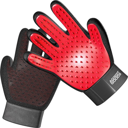 Handschoen met rode massagepunten en zwarte ademende stof voor verzorging huisdieren