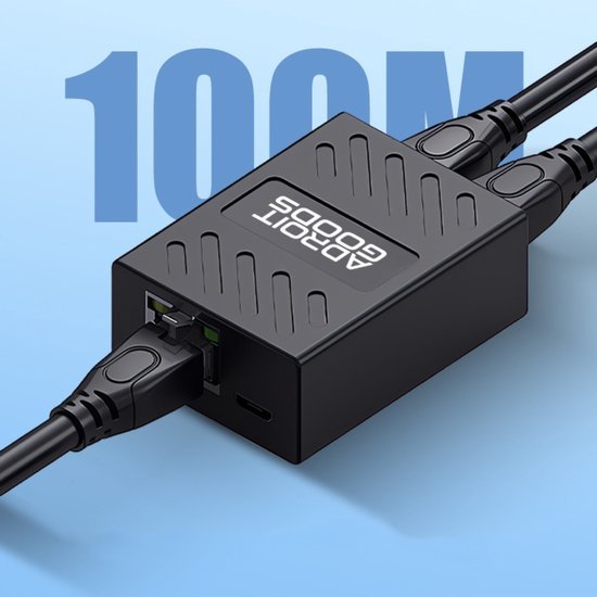 zwart apparaat met meerdere kabels en merknaam Adroit Goods op blauwe achtergrond met tekst 100M