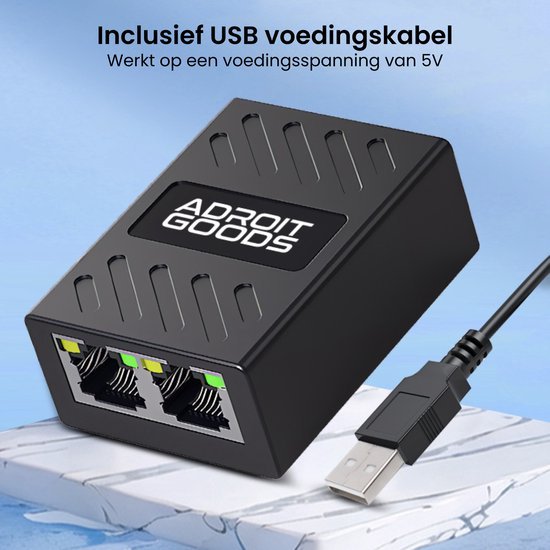 Zwarte netwerkadapter met Adroit Goods logo en meegeleverde USB voedingskabel van 5V