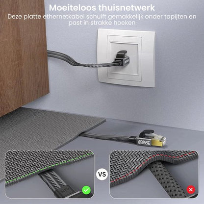 Plat ethernetkabel die soepel onder tapijt schuift en netjes aansluit op wandcontactdoos.