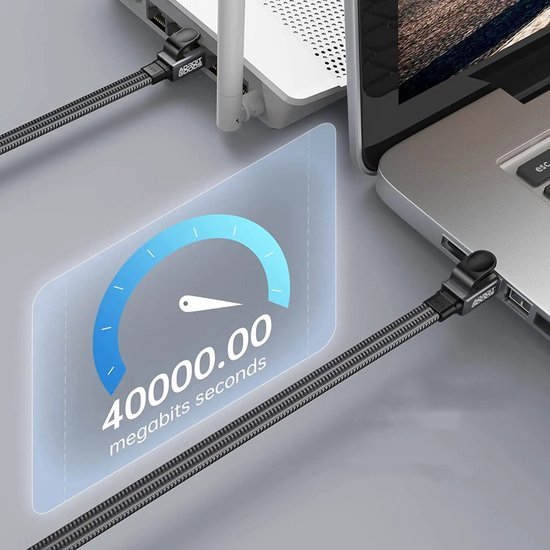 Snelheidsmeter met 400000 megabits per seconde verbonden via zwarte kabels met laptop en router