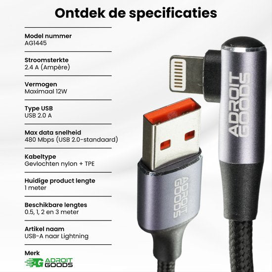 Zwarte USB-A naar Lightning-kabel met gevlochten nylon en metalen behuizing van AdroitGoods.
