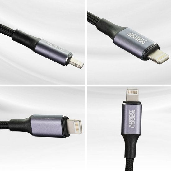 Detailfoto's van een zwart gevlochten kabel met metalen connectoren en AdroitGoods logo