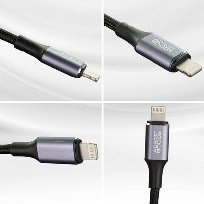 Detailfoto's van een zwart gevlochten kabel met metalen connectoren en AdroitGoods logo