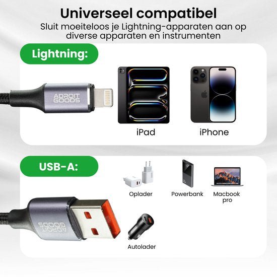 Universele compatibele lightning- en USB-A-kabels voor diverse apparaten zoals iPhone, iPad en opladers.