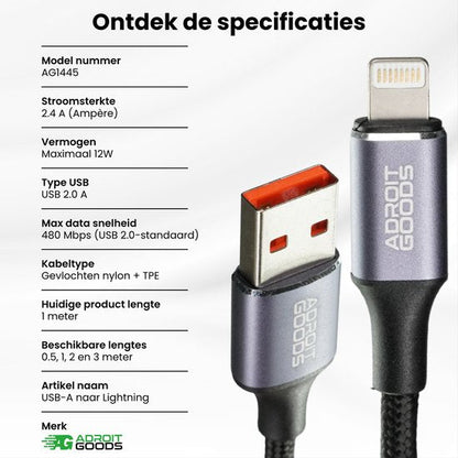 USB-A naar Lightning kabel met gevlochten nylon en aluminium behuizing in zilvergrijs