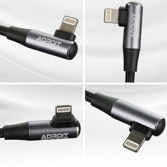 Draadloze oplaadkabel met 90 graden hoekconnector en Adroit Goods logo in vier aanzichten