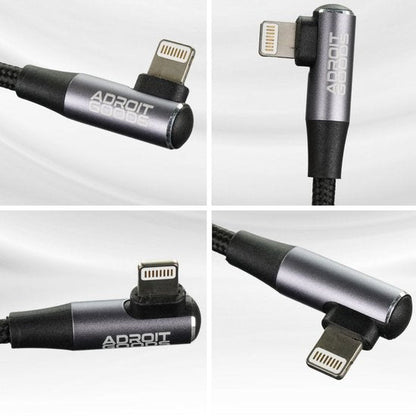 Draadloze oplaadkabel met 90 graden hoekconnector en Adroit Goods logo in vier aanzichten