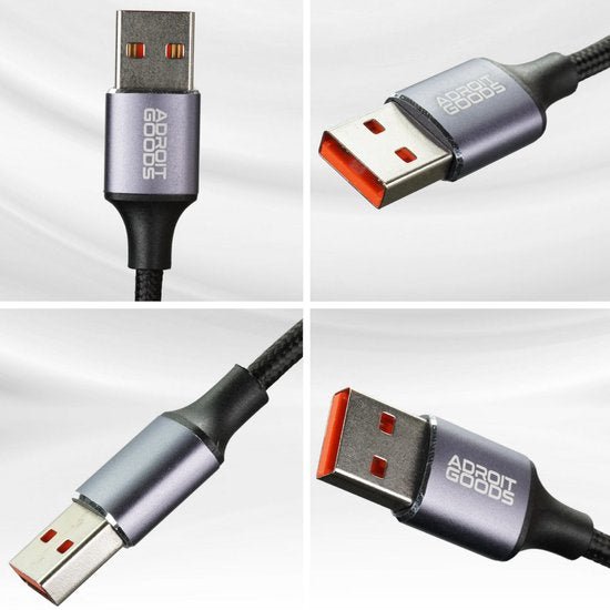 vier close-up beelden van adroitgoods usb-kabel met metalen behuizing en gevlochten kabel