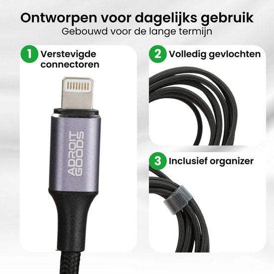 Dunne zwarte gevlochten kabel met versterkte connector en organizer lus van AdroitGoods