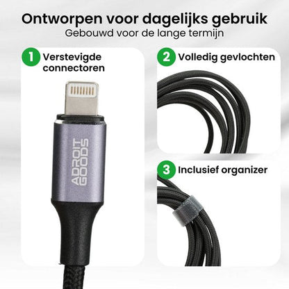 Dunne zwarte gevlochten kabel met versterkte connector en organizer lus van AdroitGoods