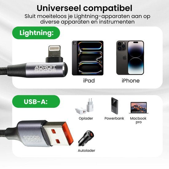 Universele kabel met lightning- en USB-A aansluiting voor verschillende apparaten en opladers.