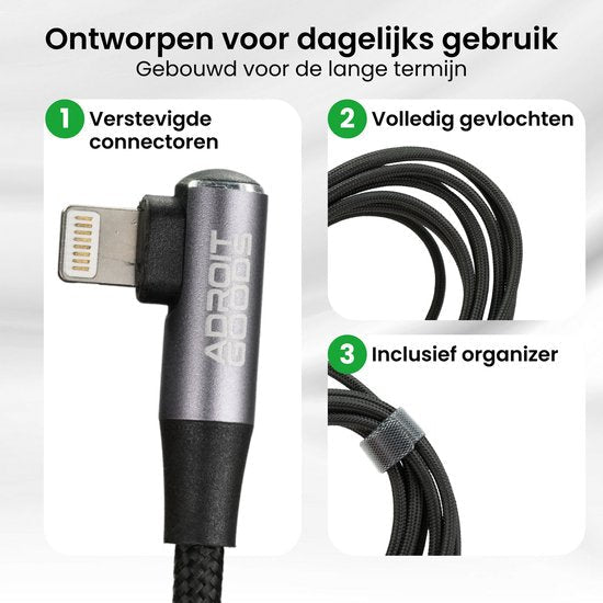 Zwarte gevlochten kabel met versterkte connector en organizer voor dagelijks gebruik