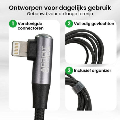 Zwarte gevlochten kabel met versterkte connector en organizer voor dagelijks gebruik