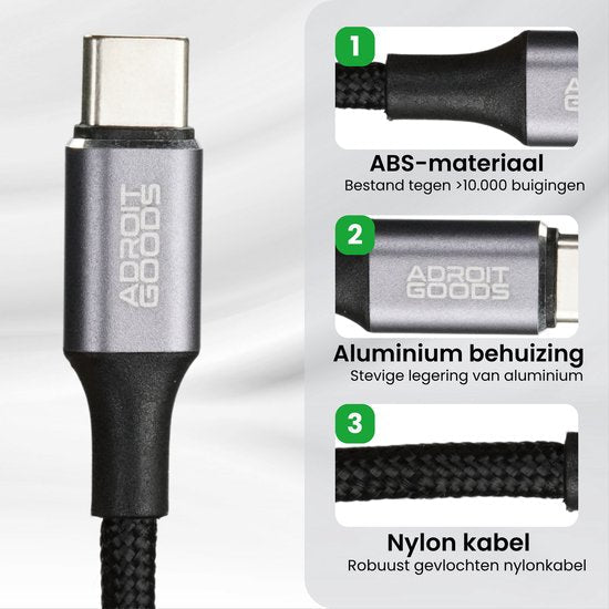 Type-C kabel met ABS-materiaal, aluminium behuizing en gevlochten nylon kabel voor duurzaamheid