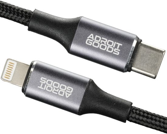 Duurzame zwarte gevlochten kabel met USB-C en Lightning connectoren van Adroit Goods