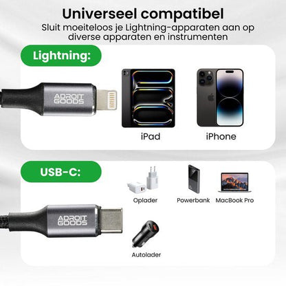 Universele AdroitGoods kabel met Lightning en USB-C aansluiting voor diverse apparaten zoals iPad en MacBook Pro