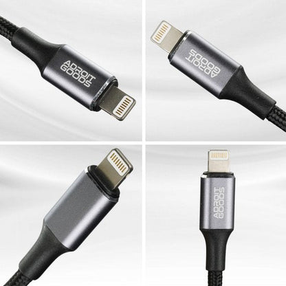 vier close-up beelden van een duurzaam oplaadkabelconnector met geweven omhulsel en AdroitGoods merknaam