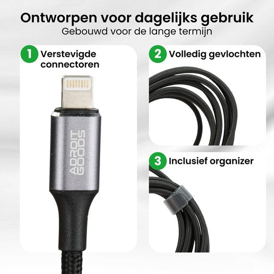 Zwarte gevlochten kabel met stevige connector en organizer voor dagelijks gebruik en lange levensduur