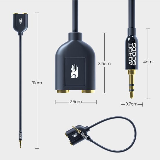 Zwarte audio splitter kabel met 3,5mm jack en metalen connectoren, inclusief afmetingen.