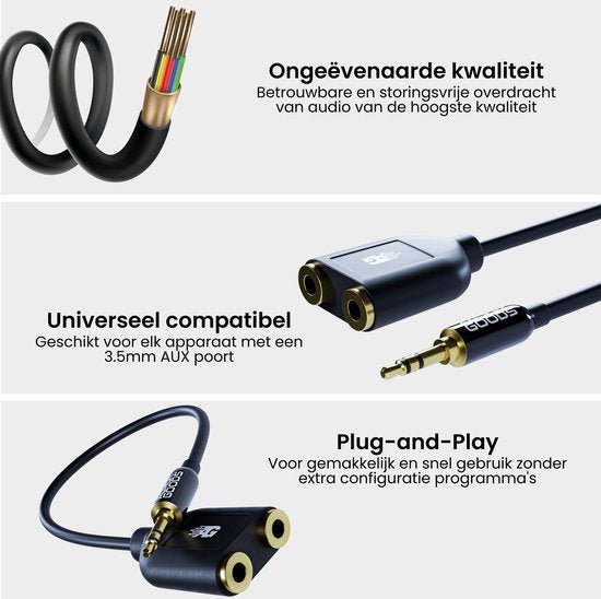 Zwarte audio splitter kabel met 3,5mm jack en dubbele stereo aansluiting, plug-and-play design