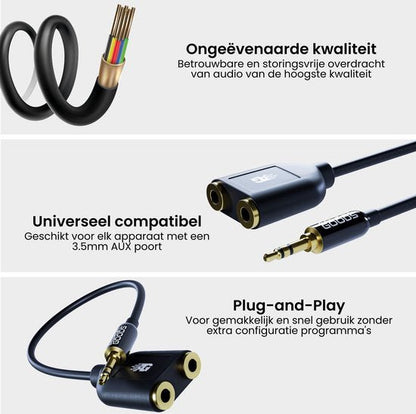 Zwarte audio splitter kabel met 3,5mm jack en dubbele stereo aansluiting, plug-and-play design