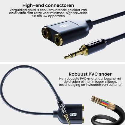Zwarte kabel met vergulde 3,5 mm connector en dubbele vrouwelijke aansluiting van robuust PVC materiaal