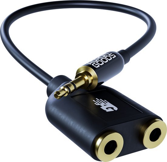zwart audiokabel met gouden 3,5 mm male naar dubbele female connectoren en AdroitGoods logo