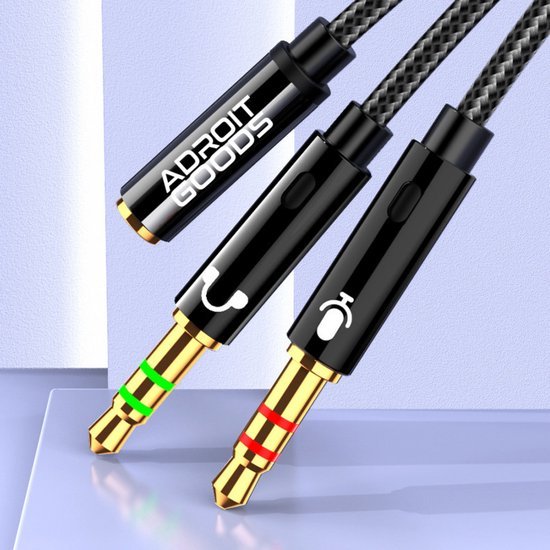 Zwarte audiokabels met gouden 3,5 mm connectoren en iconen voor microfoon en hoofdtelefoon