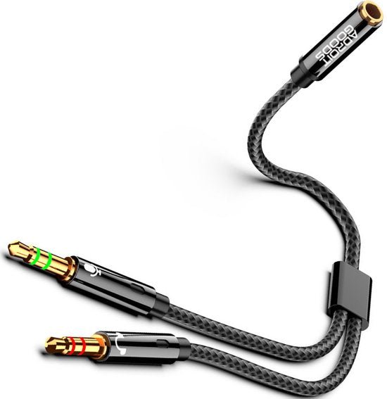 Zwarte gevlochten audiokabel met goudkleurige jackpluggen en gescheiden aansluitingen