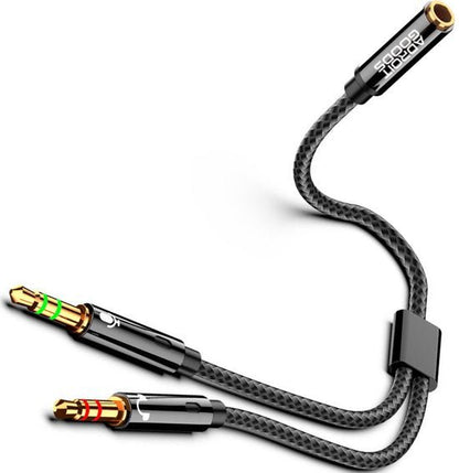 Zwarte gevlochten audiokabel met goudkleurige jackpluggen en gescheiden aansluitingen