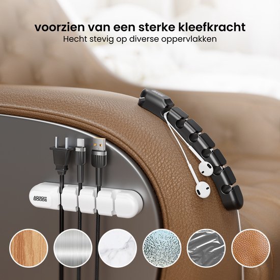 Kabelclips met sterke kleefkracht, georganiseerd en vastgemaakt op verschillende oppervlakken zoals leer en hout.