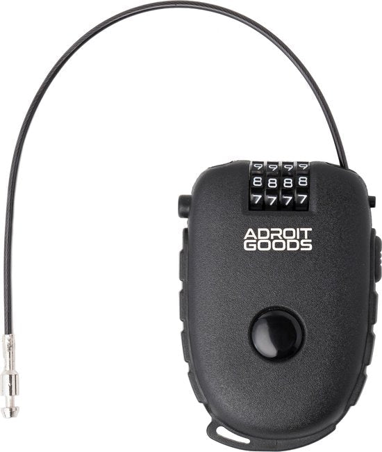 Zwart cijferslot met kabel en draaicijfers, voorzien van AdroitGoods merknaam zichtbaar