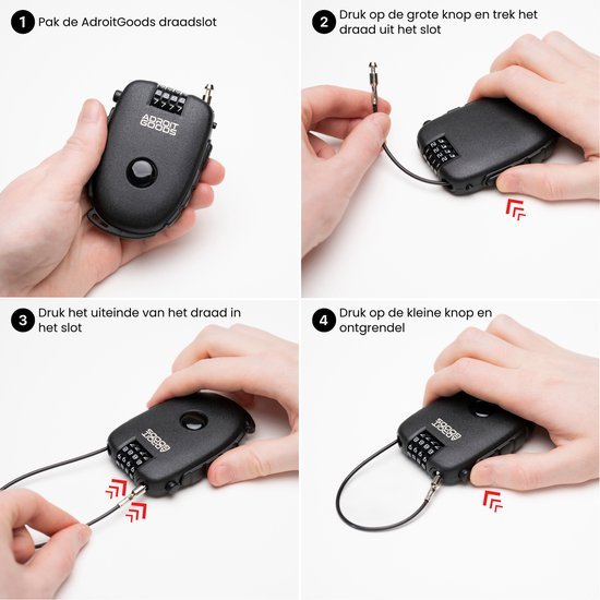 Stapsgewijze instructies voor het openen van een draadslot met cijfers en een uitschuifbare kabel