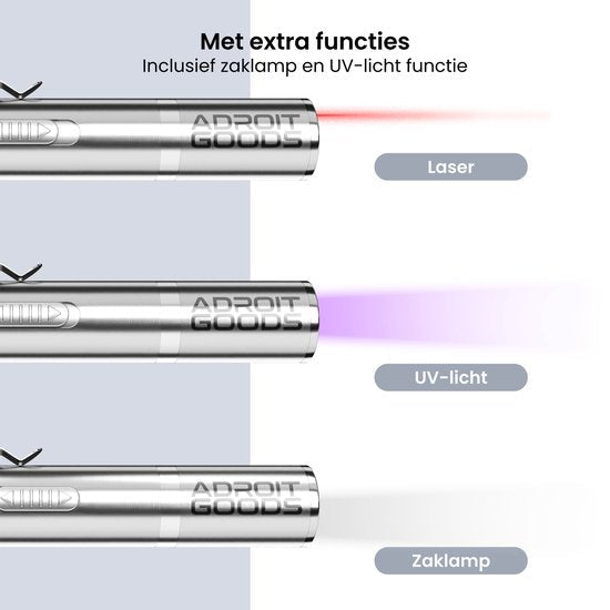 Drie metalen pennenvormen met laser, ultraviolet licht en zaklamp functies in werking.