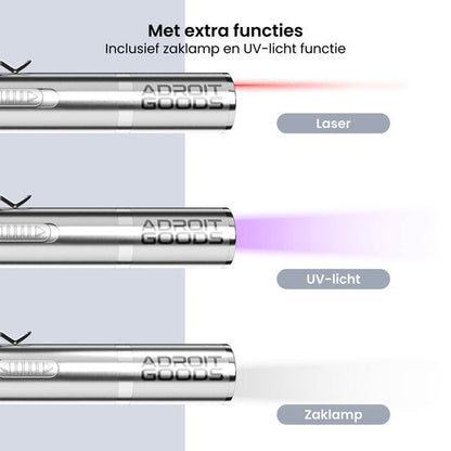 Drie metalen pennenvormen met laser, ultraviolet licht en zaklamp functies in werking.