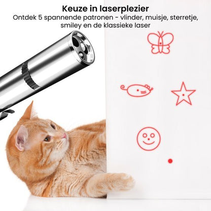 Ginger kat kijkt naar een laserpointer die verschillende rode vormen projecteert aan de muur.