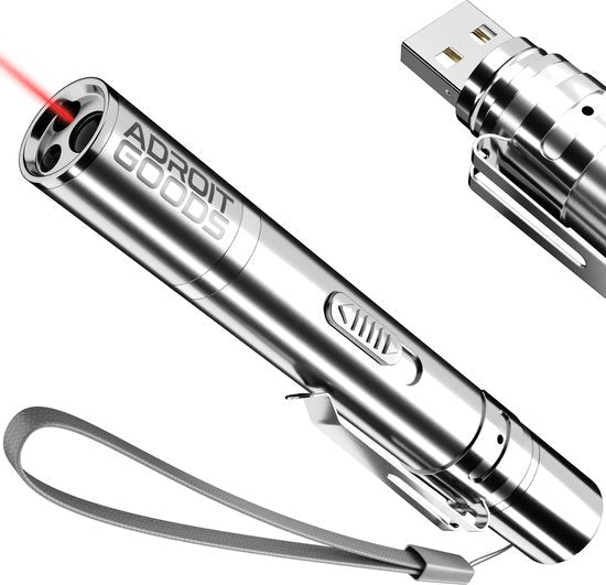 Metalen usb-laserpointer met polsbandje en aan-uitknop, strak en modern ontwerp