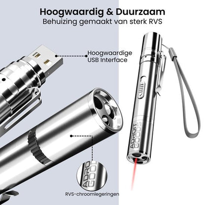 Duurzame zilveren metalen laserpen met USB-interface en verstelbare lens van RVS