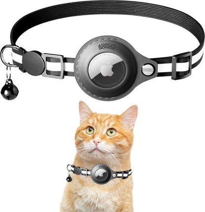 Zwart verstelbare kattenhalsband met bel en houder voor Apple AirTag tracker