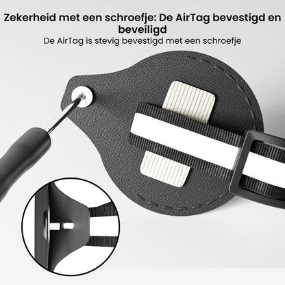 Schroevendraaier bevestigt AirTag stevig aan zwart leren bevestigingsriem met witte details.