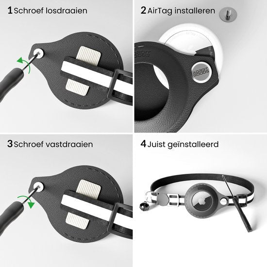 Stapsgewijze handleiding voor het installeren van een AirTag op een halsband van zwart materiaal.