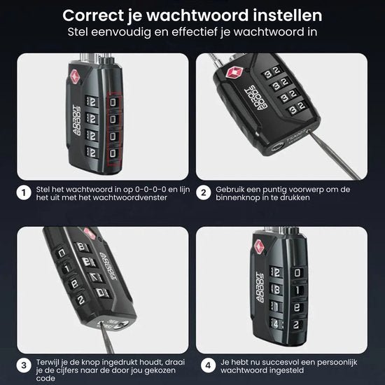Handleiding met vier stappen voor het instellen van een cijfercombinatie op een zwart slot