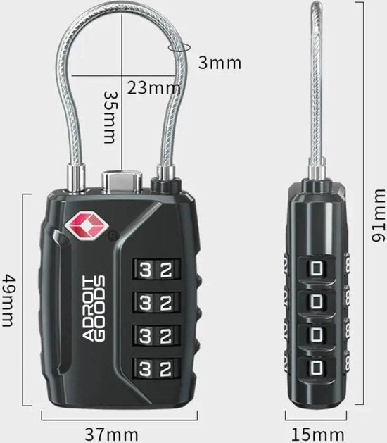 Zwart cijferslot met metalen kabel en duidelijke afmetingen naast het slot weergegeven
