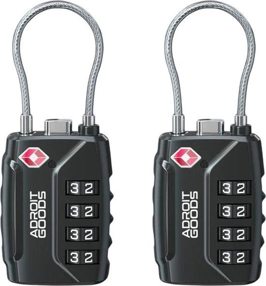 twee zwarte combinatiesloten met metalen kabel en cijferslot van AdroitGoods