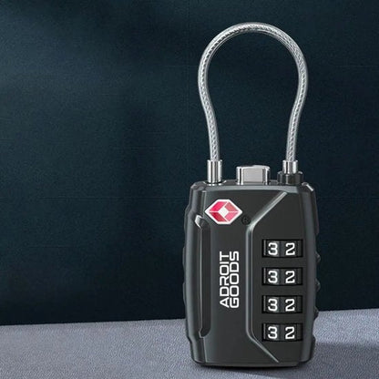 zwarte cijferslot met kabel en vier cijfercombinaties tegen donkere achtergrond