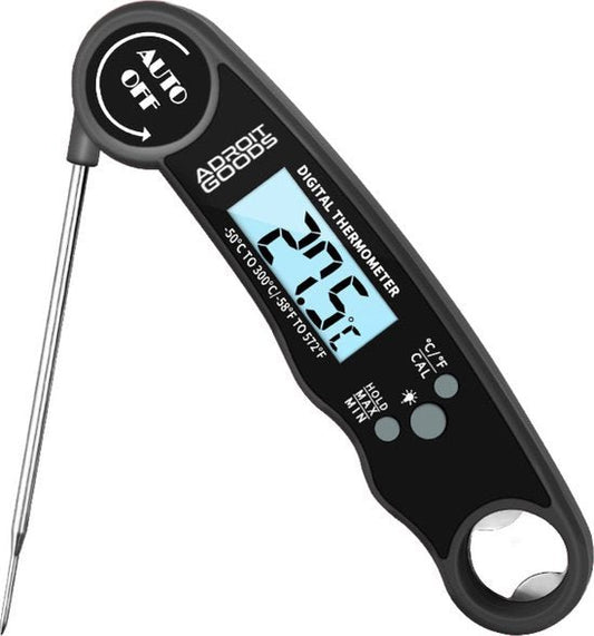 zwarte digitale thermometer met scherm en roestvrijstalen sensorstaaf met drukknoppen