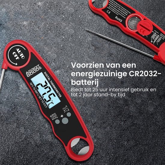 Rode digitale thermometer van AdroitGoods met helder LCD-scherm op grijze achtergrond